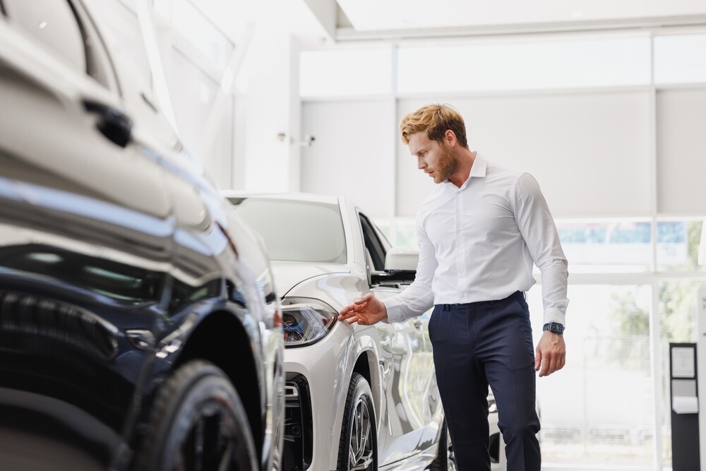 A business owner browses cars at a dealership